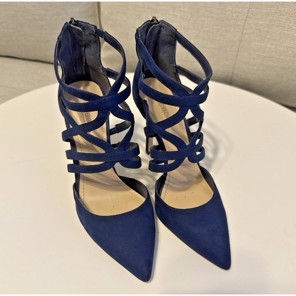 BCBG Blue Suede Strappy Heels Size US 5.5M Stiletto Career Party Cocktail Formal